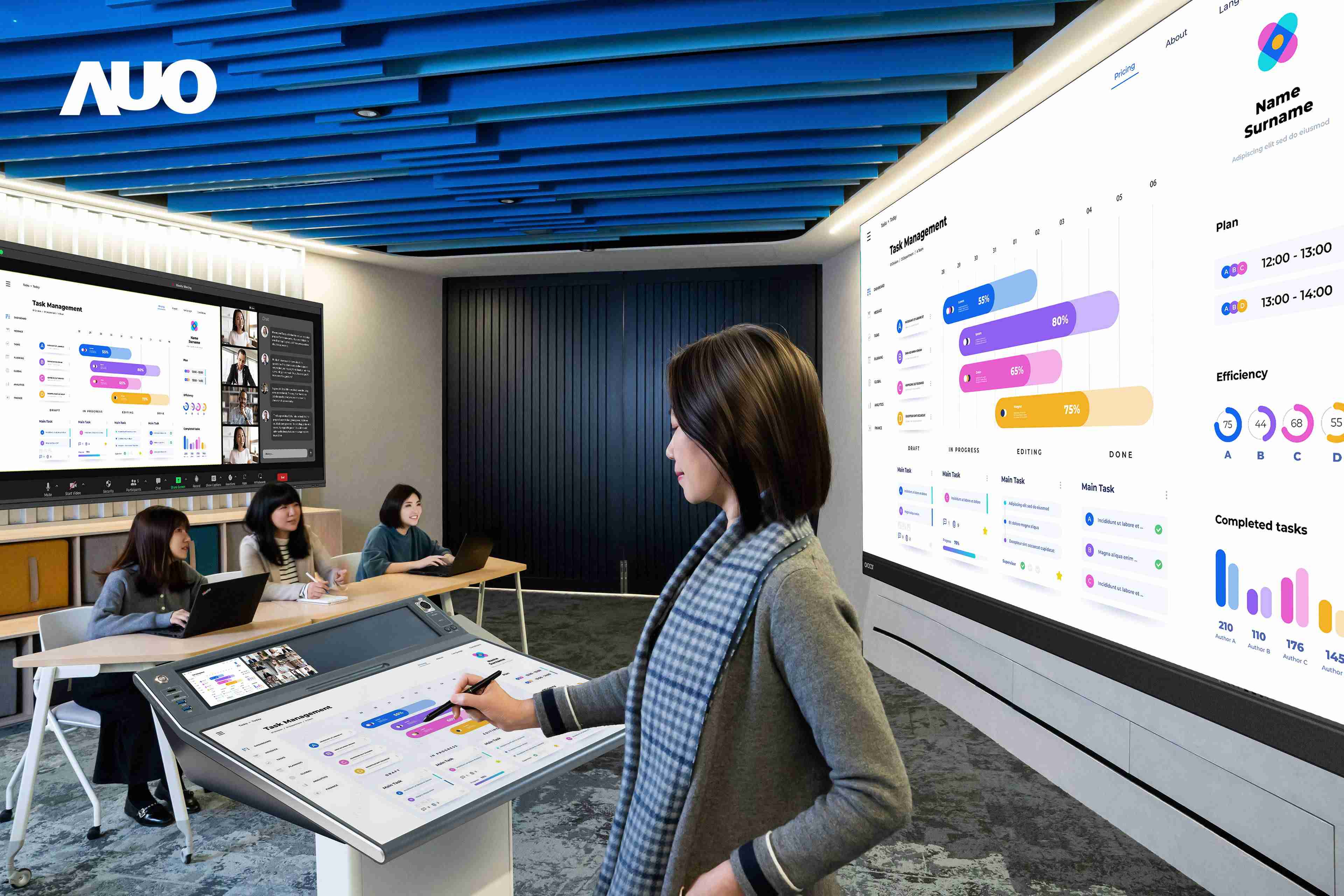 达擎携手Avocor与Rise Vision展示全方位商务领域应用，，包含采用模块化设计的138吋一体式All-in-One LED显示器及具21:9超宽比例的92吋交互式电子白板（IFPD），，讲者可轻松分享内容，，，，有效提升会议协作效率。。。。